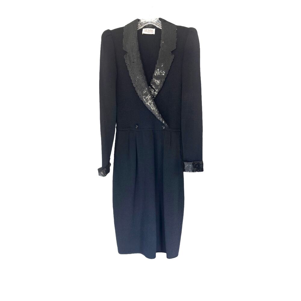 St. John Vintage Sequin Tuxedo Santana Knit Dress Black Long Sleeve